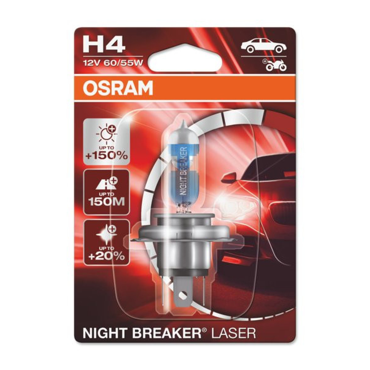 OSRAM Auton polttimo NIGHT BREAKER LASER +150% H4 60/55W 12V P43T, 1 kpl