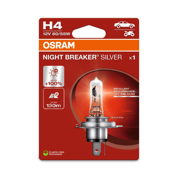 OSRAM Auton polttimo NIGHT BREAKER SILVER +100% H4 60/55W 12V P43T, 1 kpl.