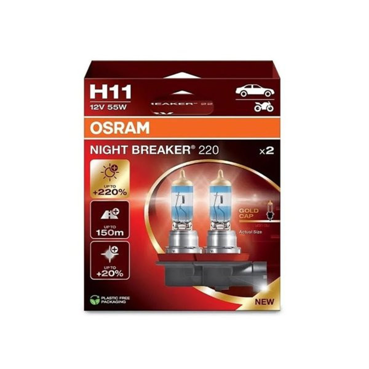 OSRAM Auton polttimot NIGHT BREAKER +220% H11 55W 12V PGJ19-2, 2 kpl