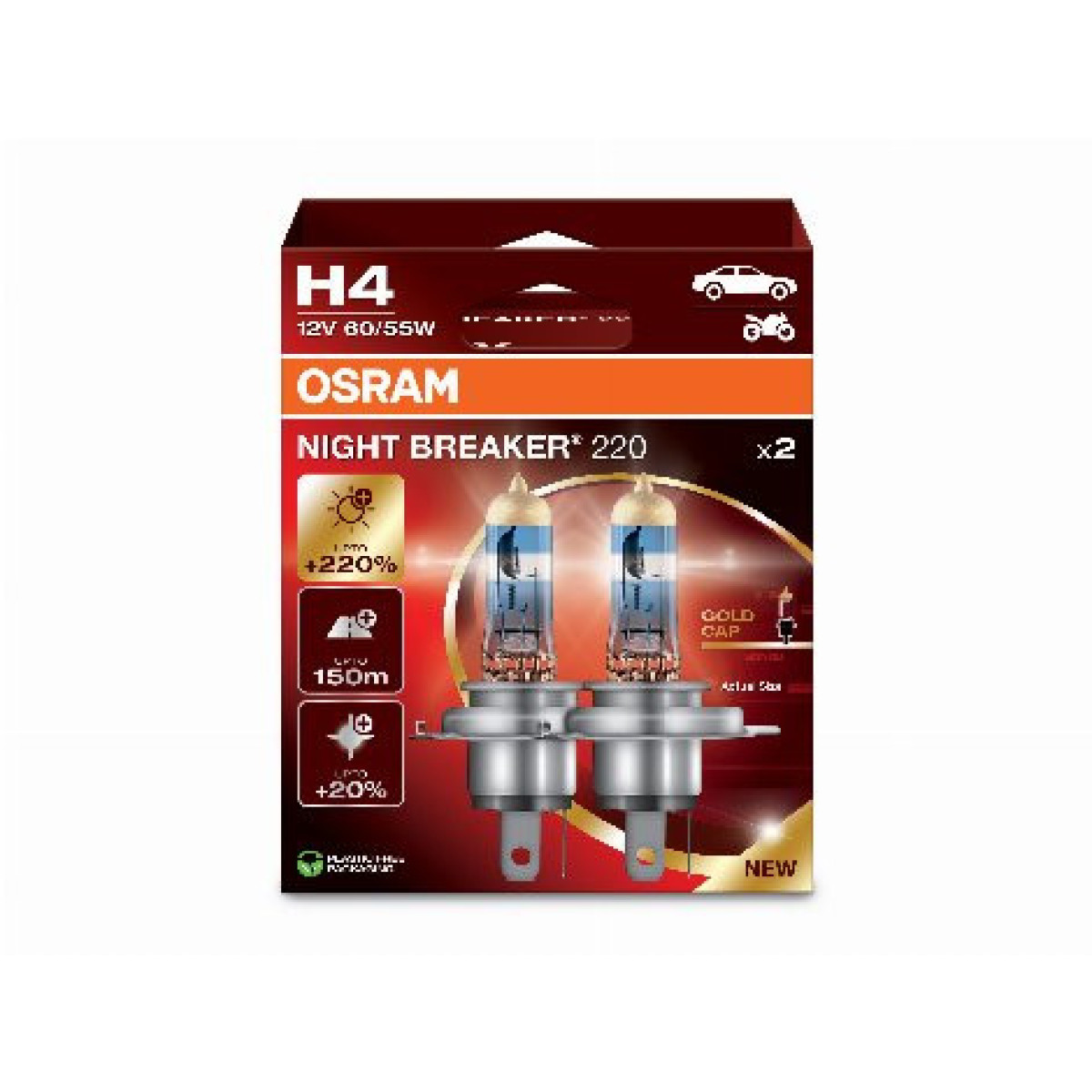 OSRAM Auton polttimot NIGHT BREAKER +220% H4 60/55W 12V P43T, 2 kpl