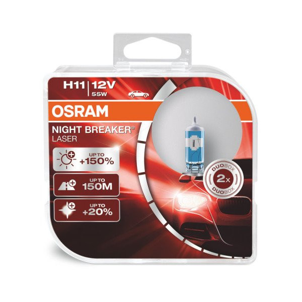 OSRAM Auton polttimot NIGHT BREAKER LASER +150% H11 55W 12V PGJ19-2, 2 kpl