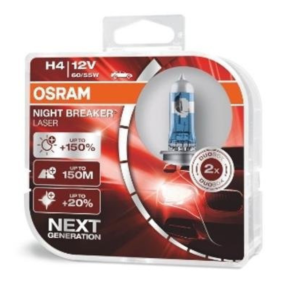 OSRAM Auton polttimot NIGHT BREAKER LASER +150% H4 60/55W 12V P43T, 2 kpl