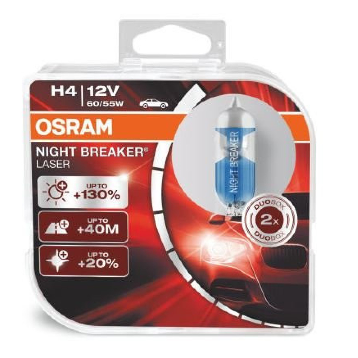 OSRAM Auton polttimot Night Breaker Laser H4 60/55W 12V P43T, 2 kpl