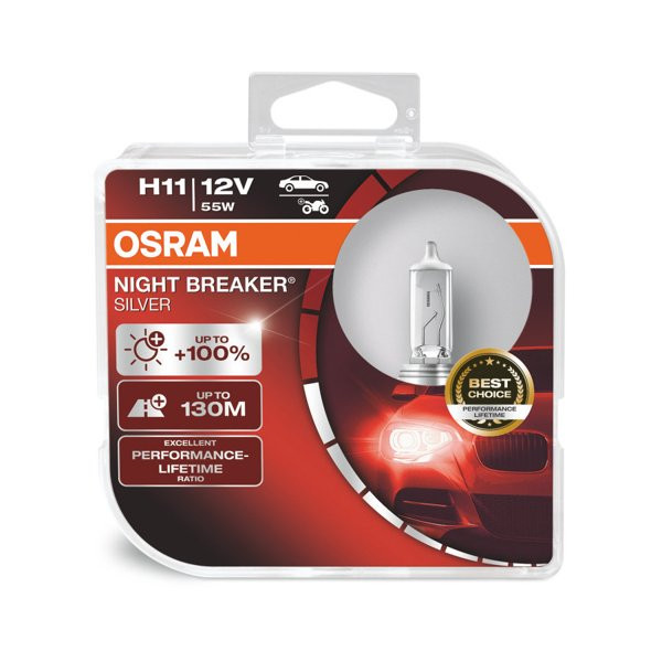 OSRAM Night Breaker Silver +100% PGJ19-2, Auton polttimot, H11 55W 12V, 2 kpl