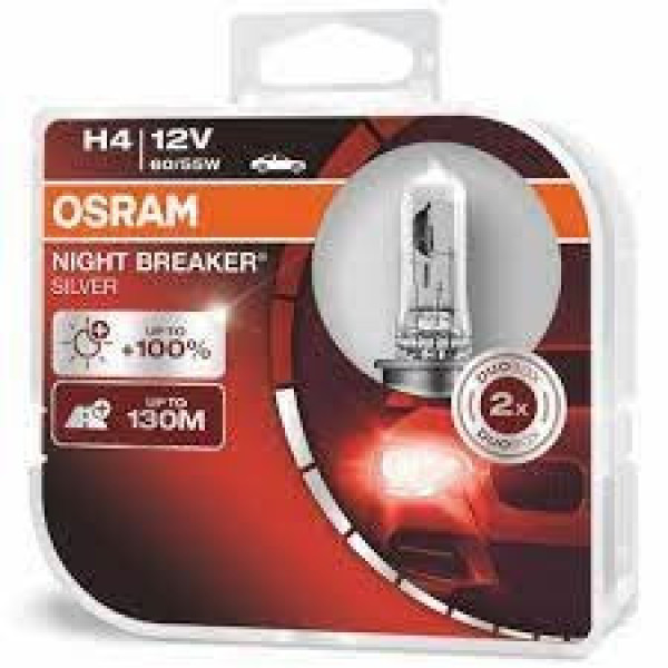 OSRAM Auton polttimot NIGHT BREAKER SILVER +100% H4 60/55W 12V P43T, 2 kpl