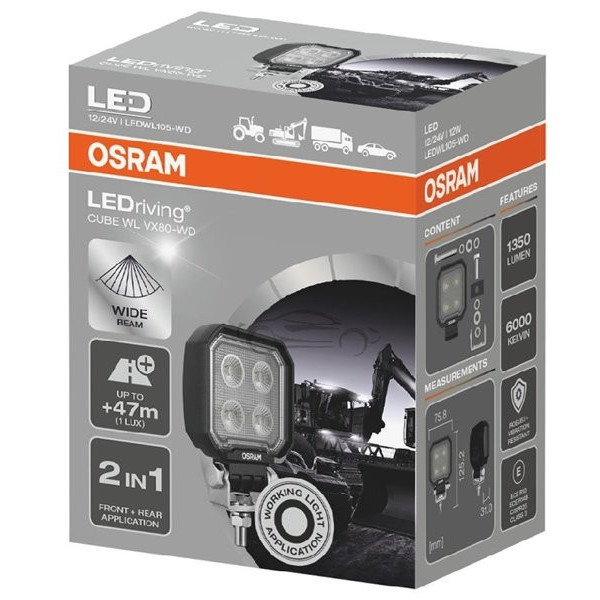 Osram LEDriving® -kuutiovalo, WL VX80-WD 12/24V 12W 47m, pitkä keila, 1350lm Osram LEDriving® -kuutiovalo, WL VX80-WD 12/24V 12W 47m, pitkä keila, 1350lm