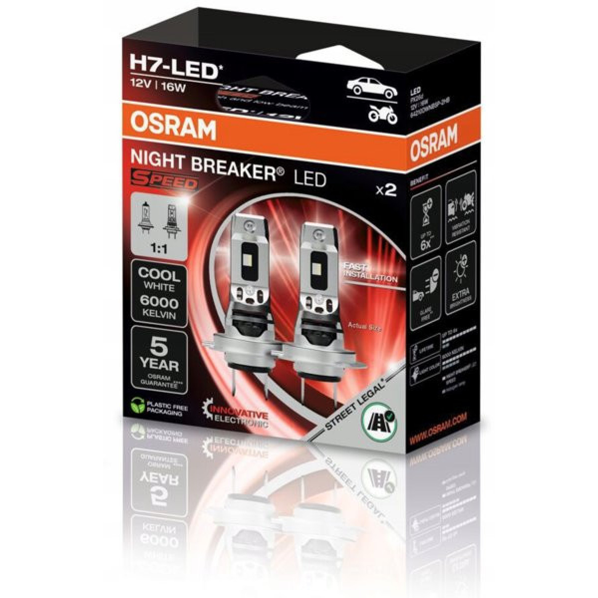 OSRAM Auton polttimot NIGHT BREAKER LED H7 Street Legal Speed 16W 6000K, 2 kpl