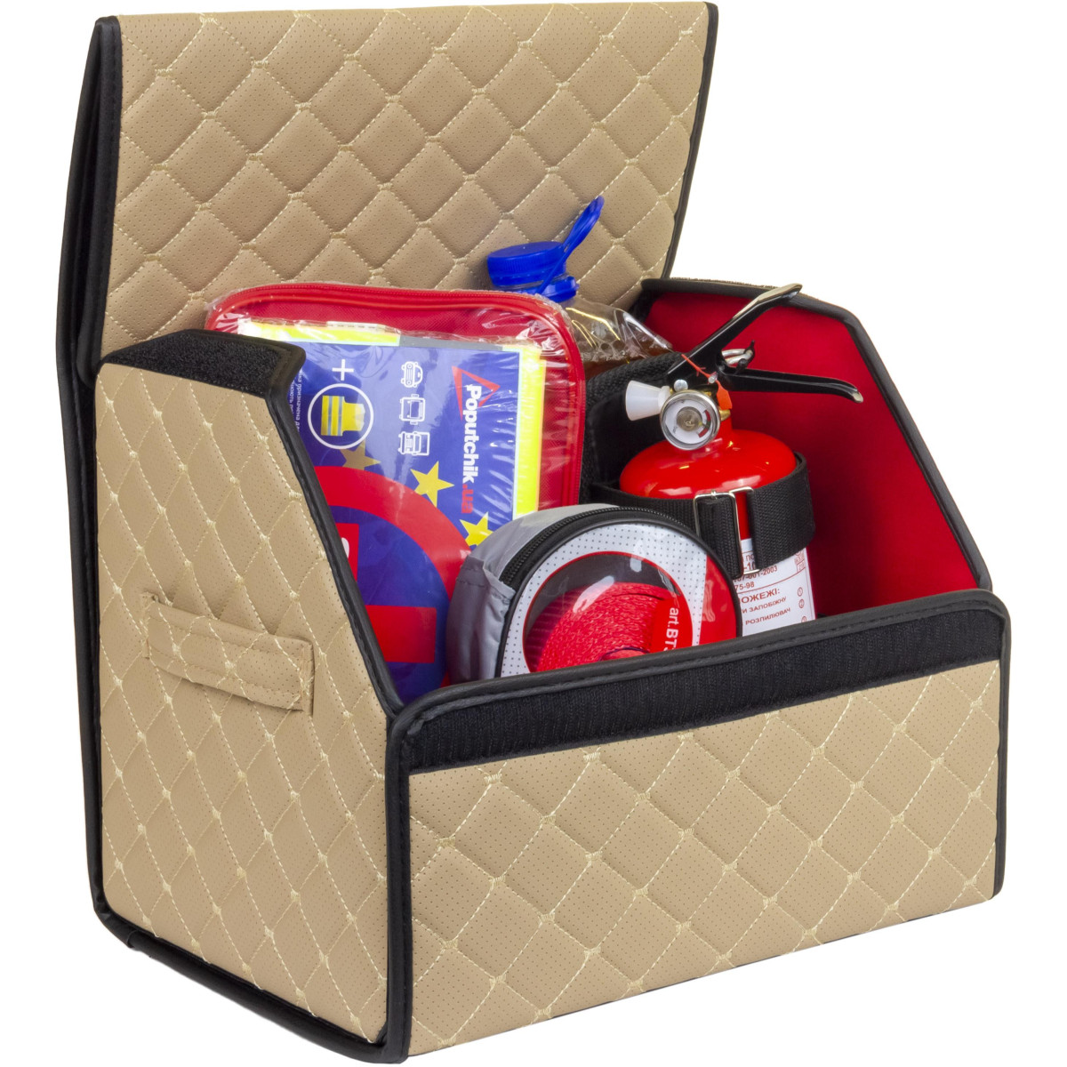 EVAtech tavaratilan järjestäjä ECO S 30x30x35 cm - hiekanvärinen / mustat reunat / hiekanväriset ompeleet / punainen sisusta EVAtech tavaratilan järjestäjä ECO S 30x30x35 cm - hiekanvärinen / mustat reunat / hiekanväriset ompeleet / punainen sisusta