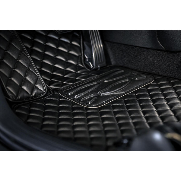Eco-nahka matot QuiltyMats VOLKSWAGEN T5 CARAVELLE 2003-2015 (I, II ja III eilės ja bag., prailginta 8v.) (Musta / mustat ompeleet)