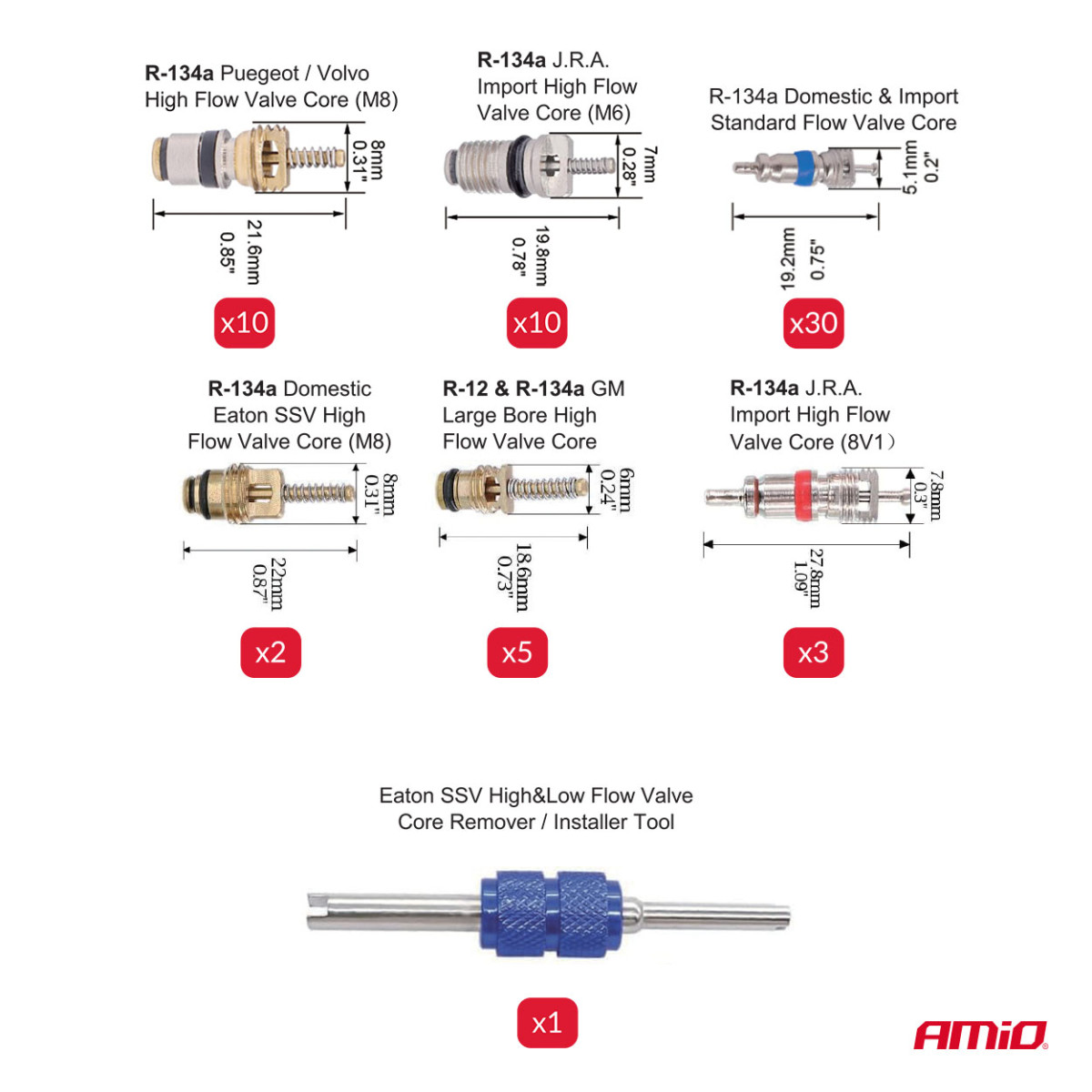 Ilmastointijärjestelmän venttiilisarja, 61 osaa. AMIO-04446