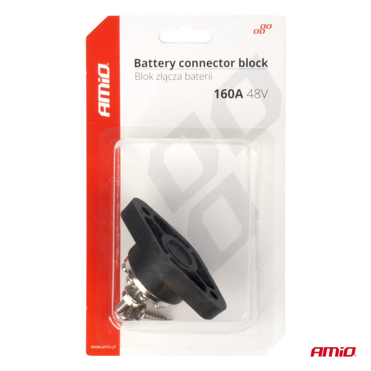 Akkuliittimen jakolohko 8 liittimellä, väyläkisko jopa 48 V 160 A, AMIO-03807