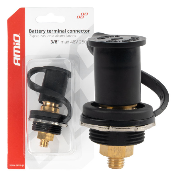 Musta negatiivinen akun virtaliitin korkilla 3/8 M10 12/24/48V 250A, AMIO-03813