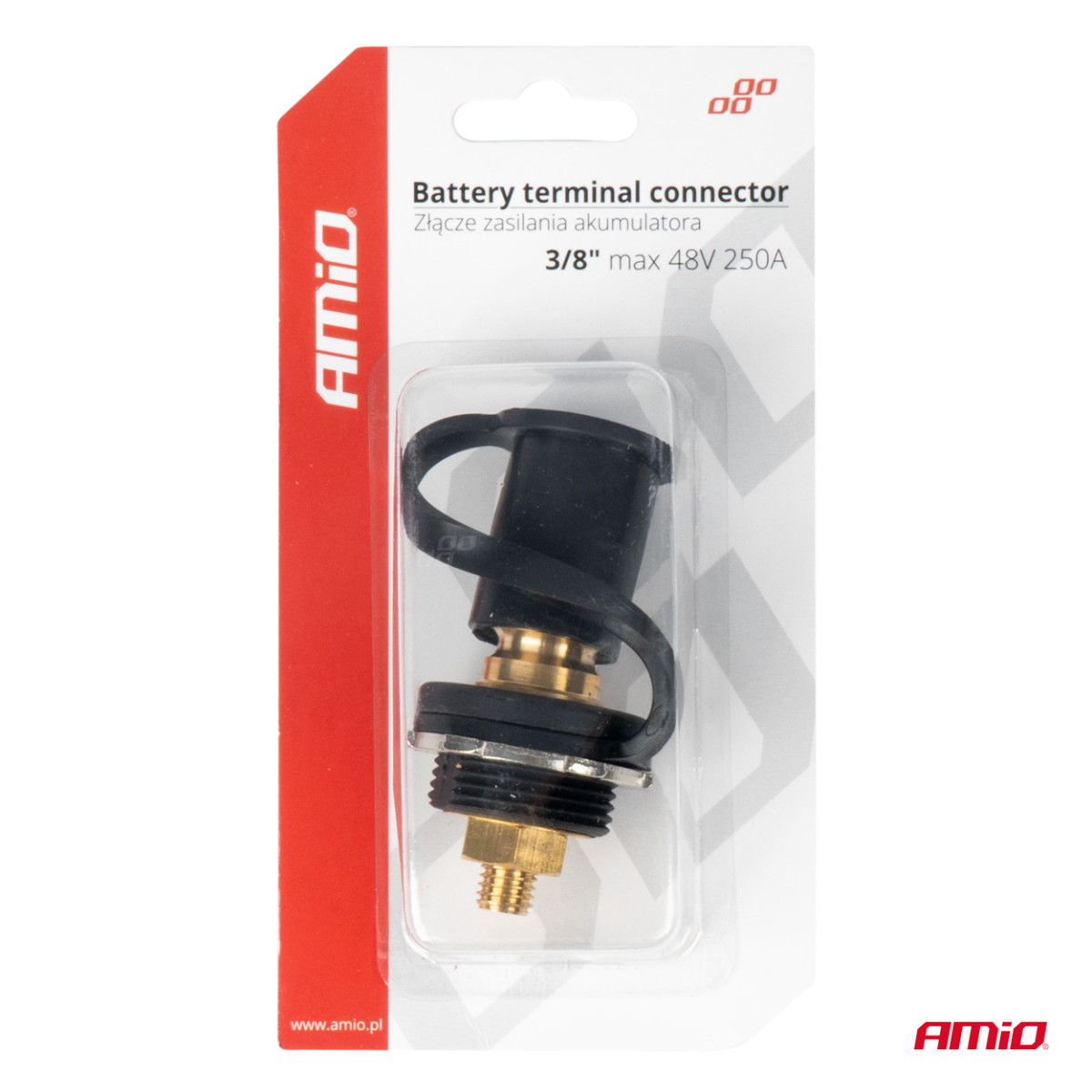 Musta negatiivinen akun virtaliitin korkilla 3/8 M10 12/24/48V 250A, AMIO-03813
