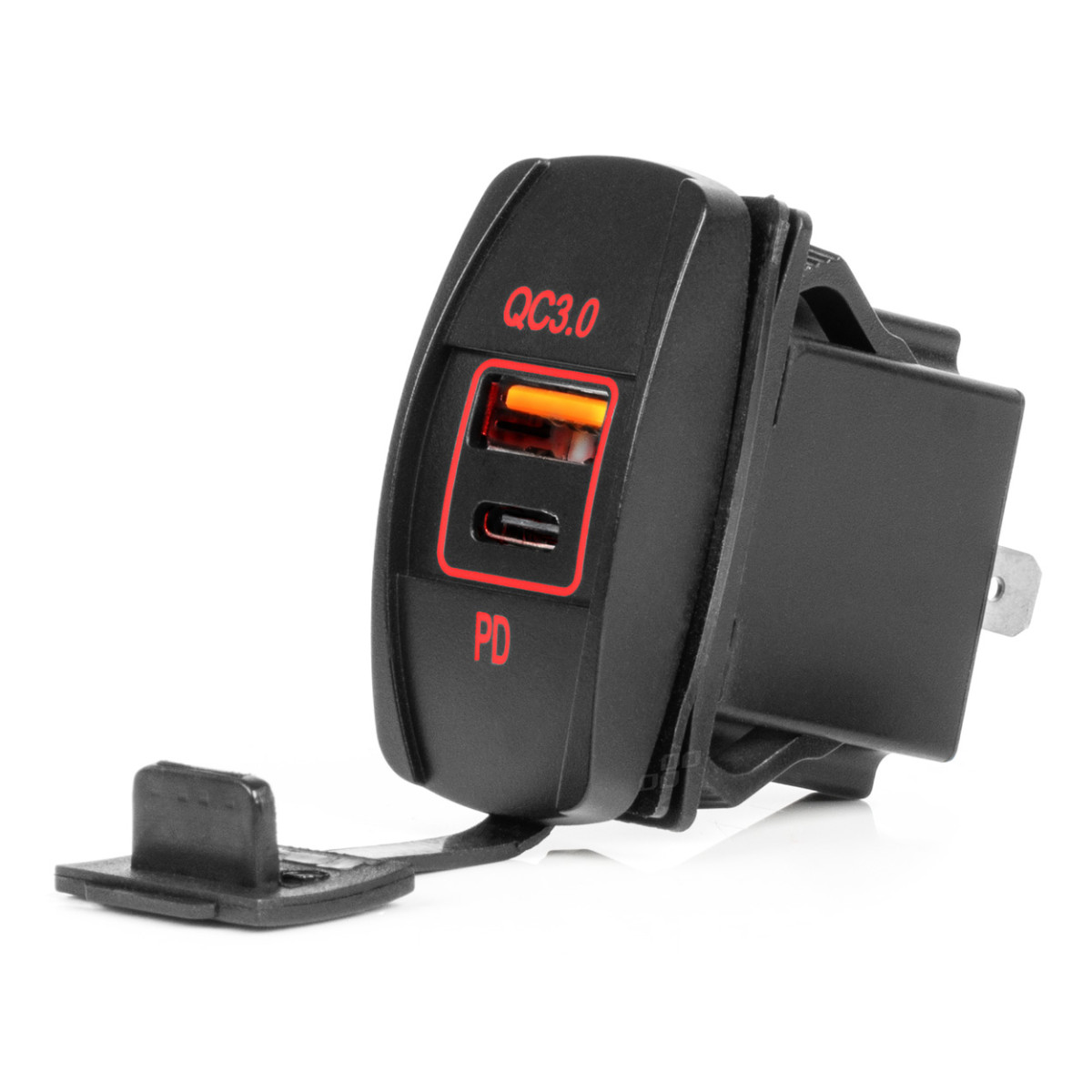 Vedenpitävä puhelimen laturi punaisella LED-valaistuksella, USB + USB C QC3.0 12/24V AMIO-04229