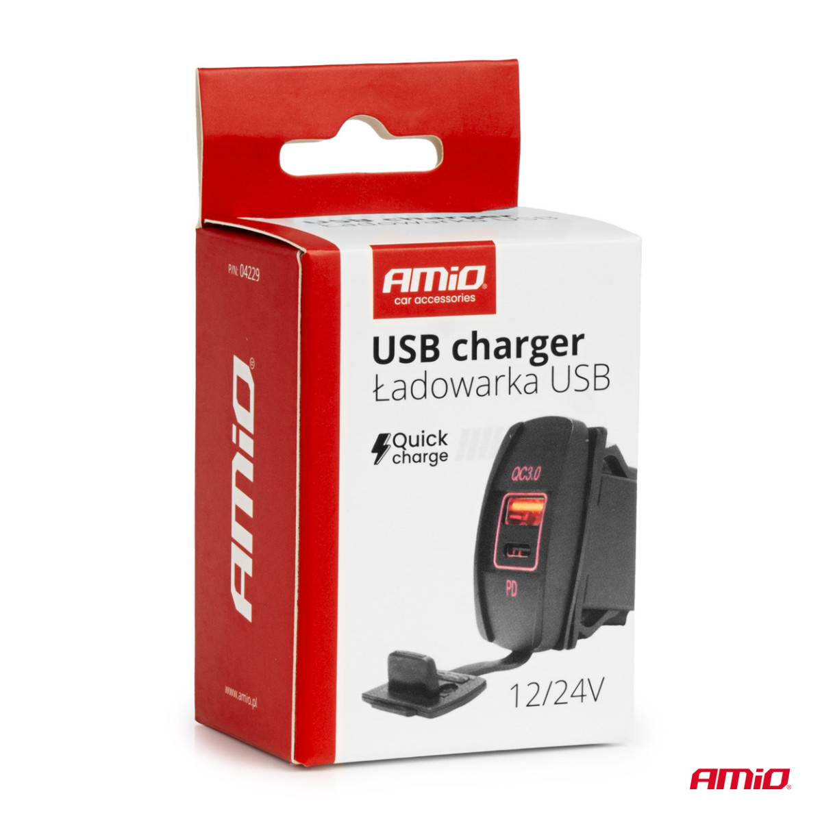 Vedenpitävä puhelimen laturi punaisella LED-valaistuksella, USB + USB C QC3.0 12/24V AMIO-04229