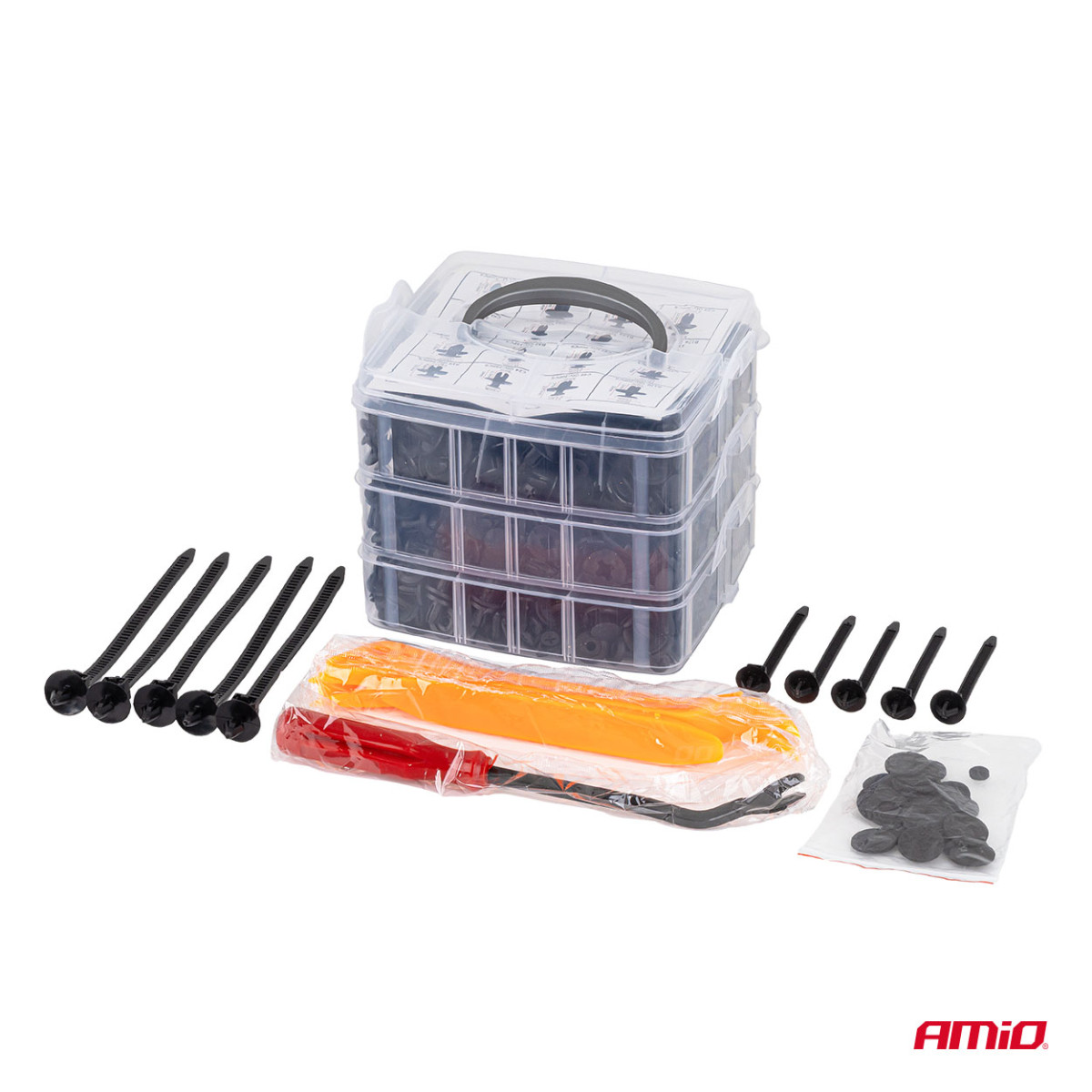 Auton koukku- ja verhoilunpidinsarja ulosvetotyökalulla, 650 osaa, AMIO-04433