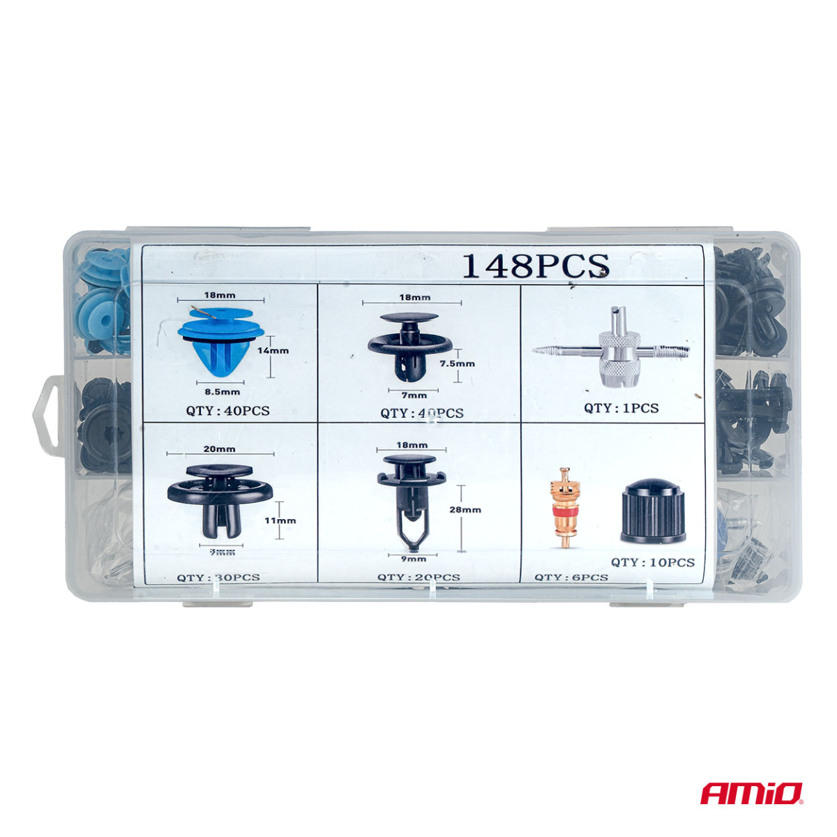 Auton kiinnitystappien ja klipsien sarja, 148 kpl. AMIO-04741