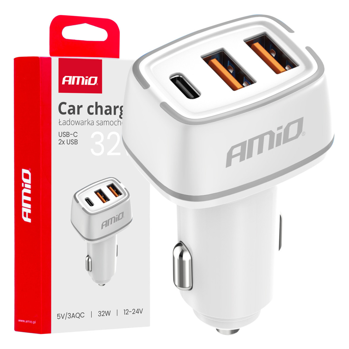 Autolaturi 2x USB-A + USB-C 32W 12/24V AMiO-03890