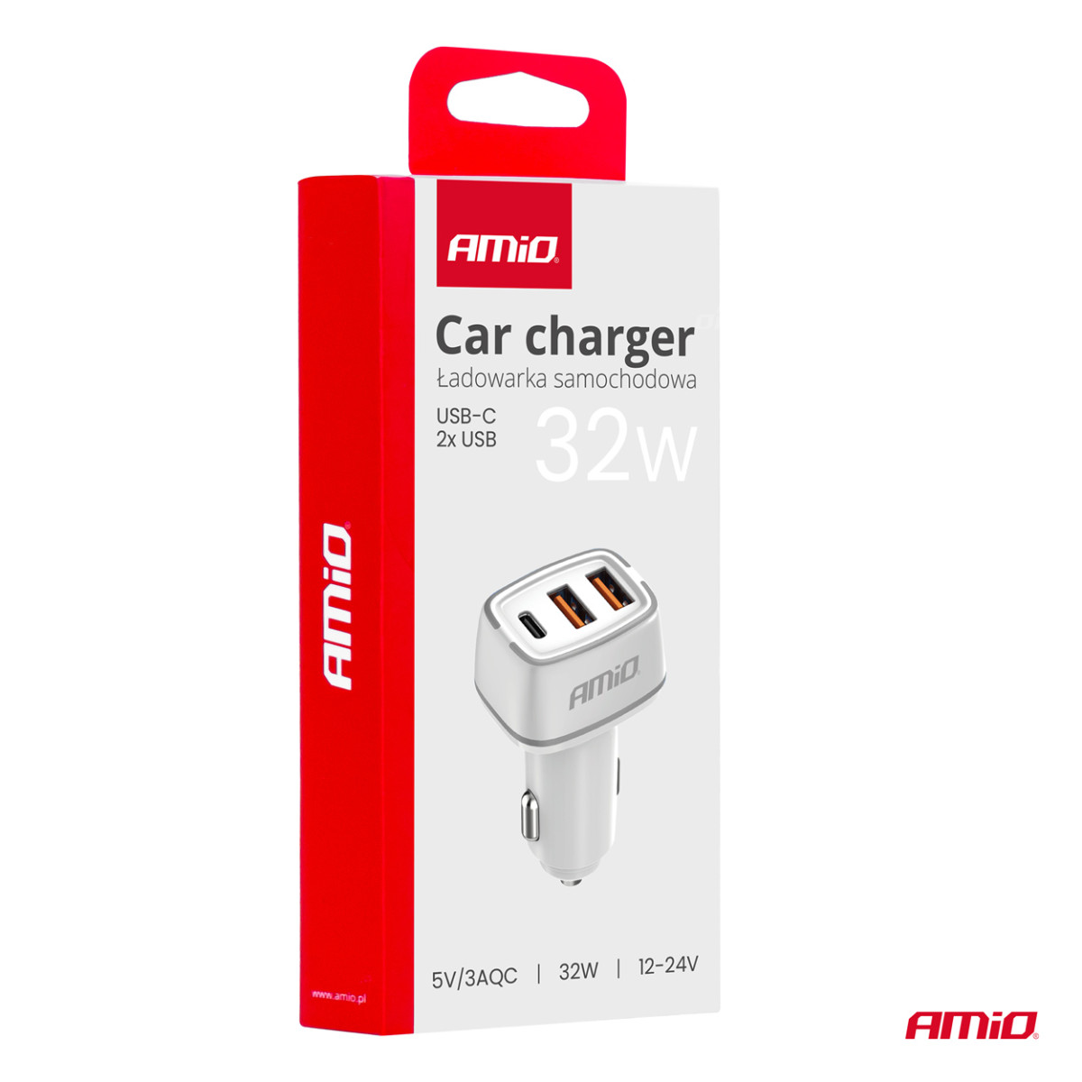 Autolaturi 2x USB-A + USB-C 32W 12/24V AMiO-03890