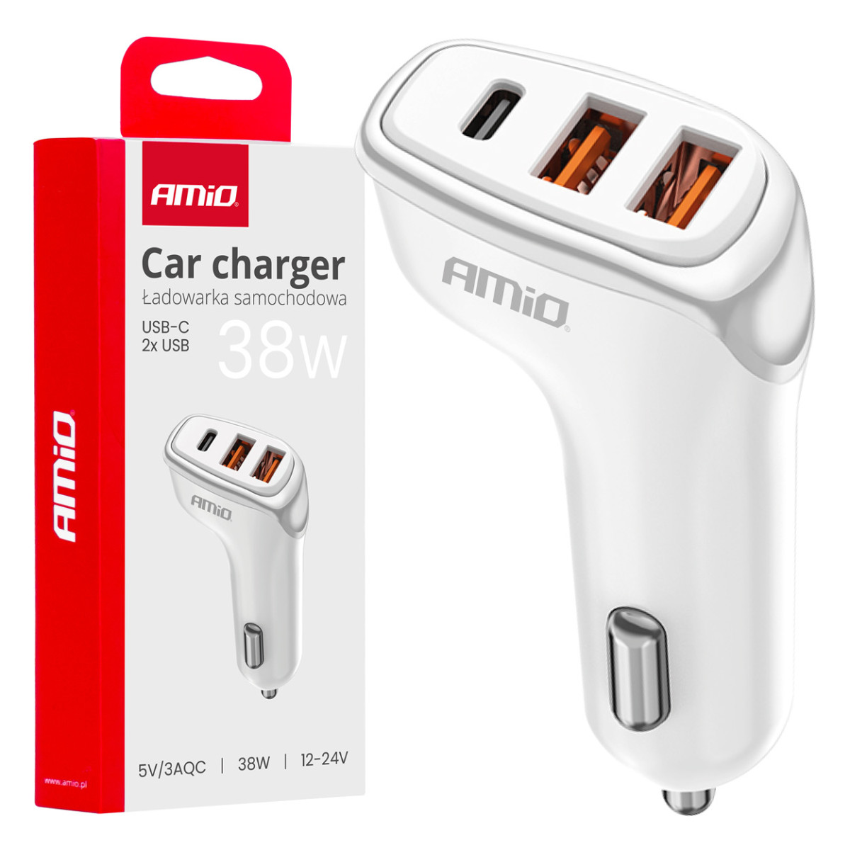 Autolaturi 2x USB-A + USB-C 38W 12/24V AMiO-03886