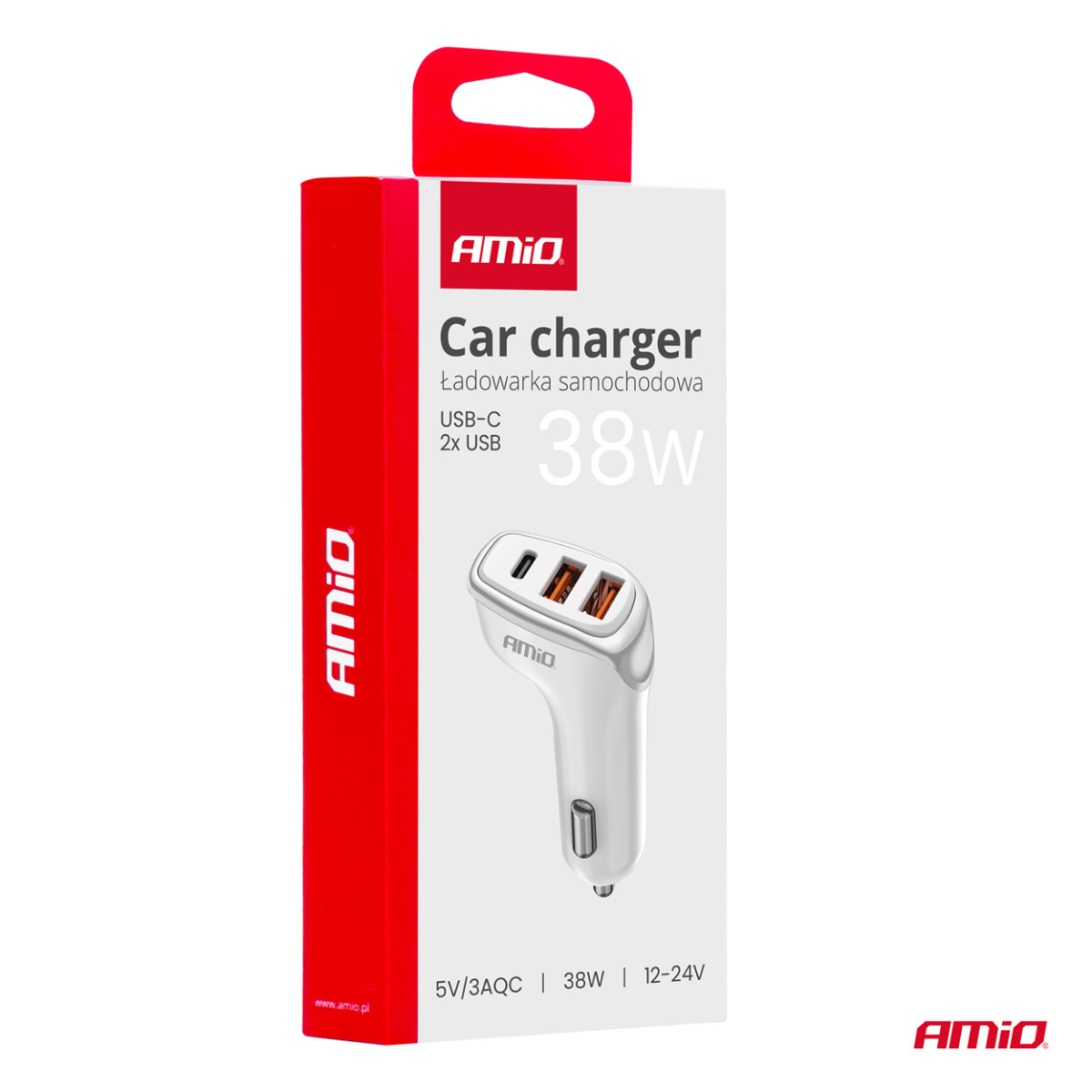 Autolaturi 2x USB-A + USB-C 38W 12/24V AMiO-03886