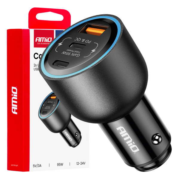 Autolaturi 2x USB-C + USB-A 12/24V 95W AMIO-04372