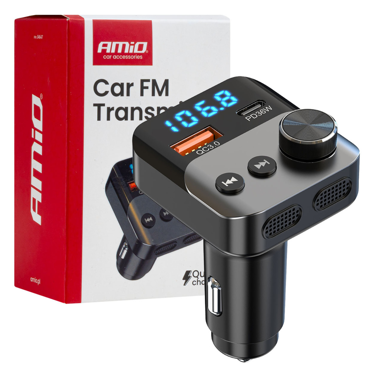 Auton FM-lähetin, 1×USB-A 1×USB-C 12V 24V AMIO-04647
