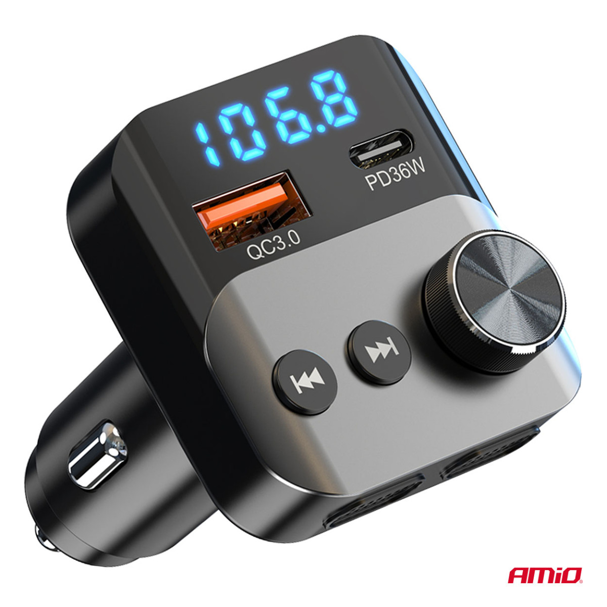 Auton FM-lähetin, 1×USB-A 1×USB-C 12V 24V AMIO-04647