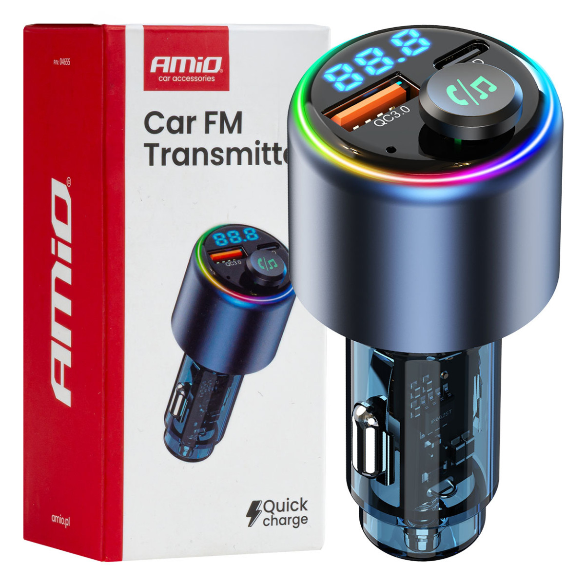 Auton FM-lähetin, 1×USB-A 1×USB-C 12V 24V AMIO-04655