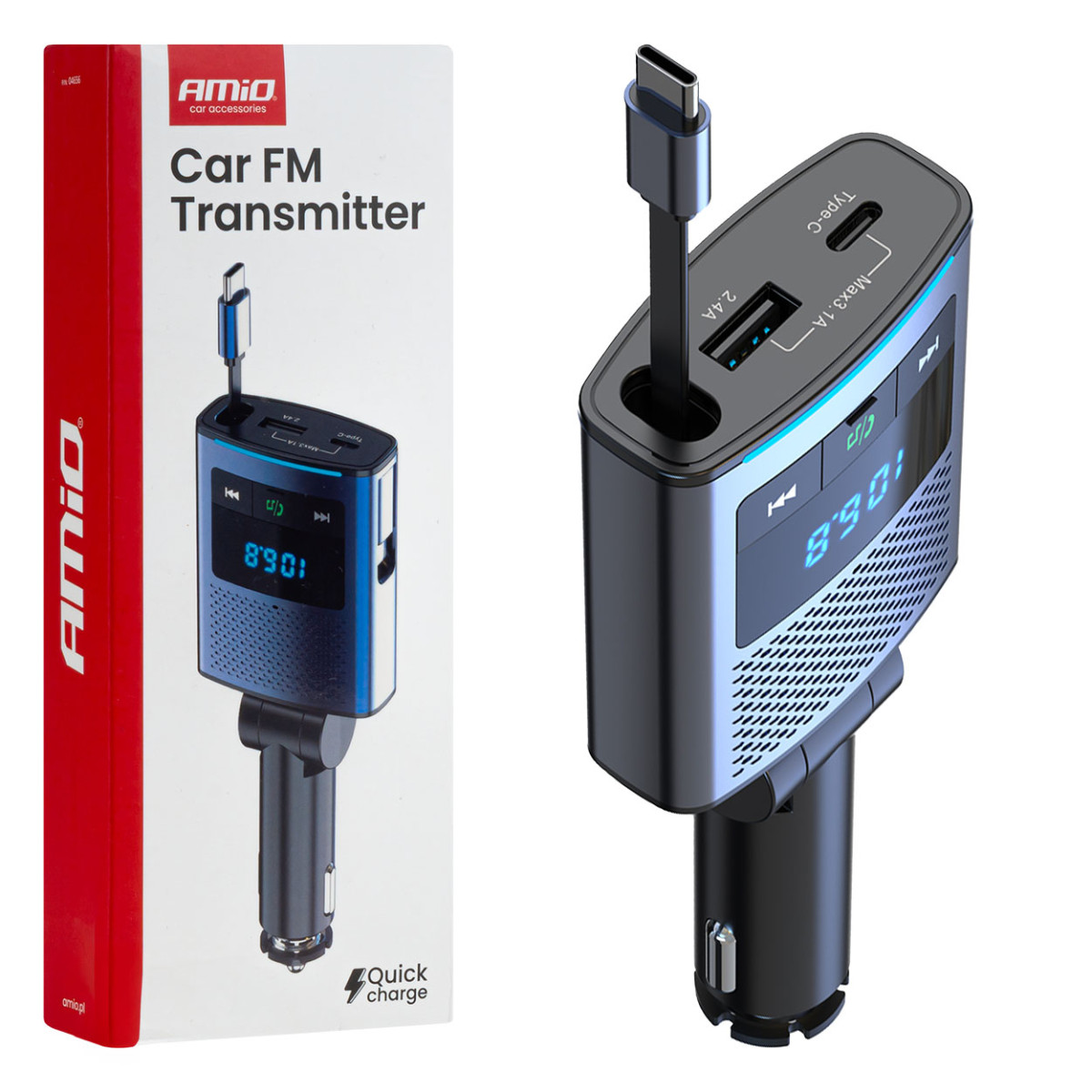 Auton FM-lähetin, 1×USB-A 1×USB-C 12V 24V AMIO-04656
