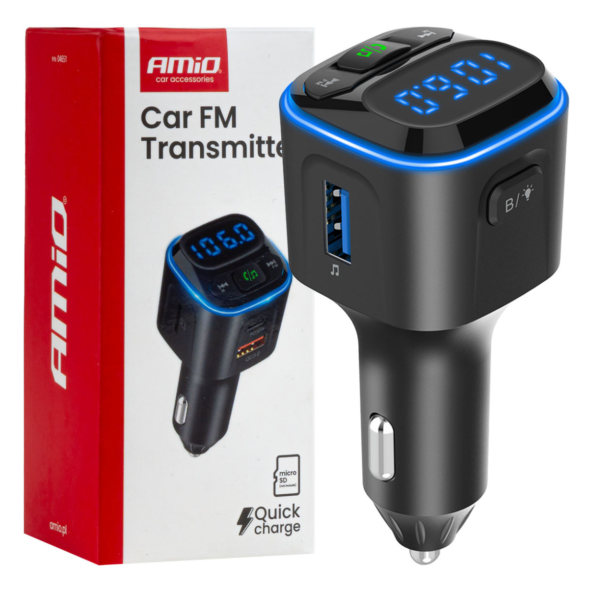 Auton FM-lähetin, 1×USB-A 2×USB-C 12V 24V AMIO-04651