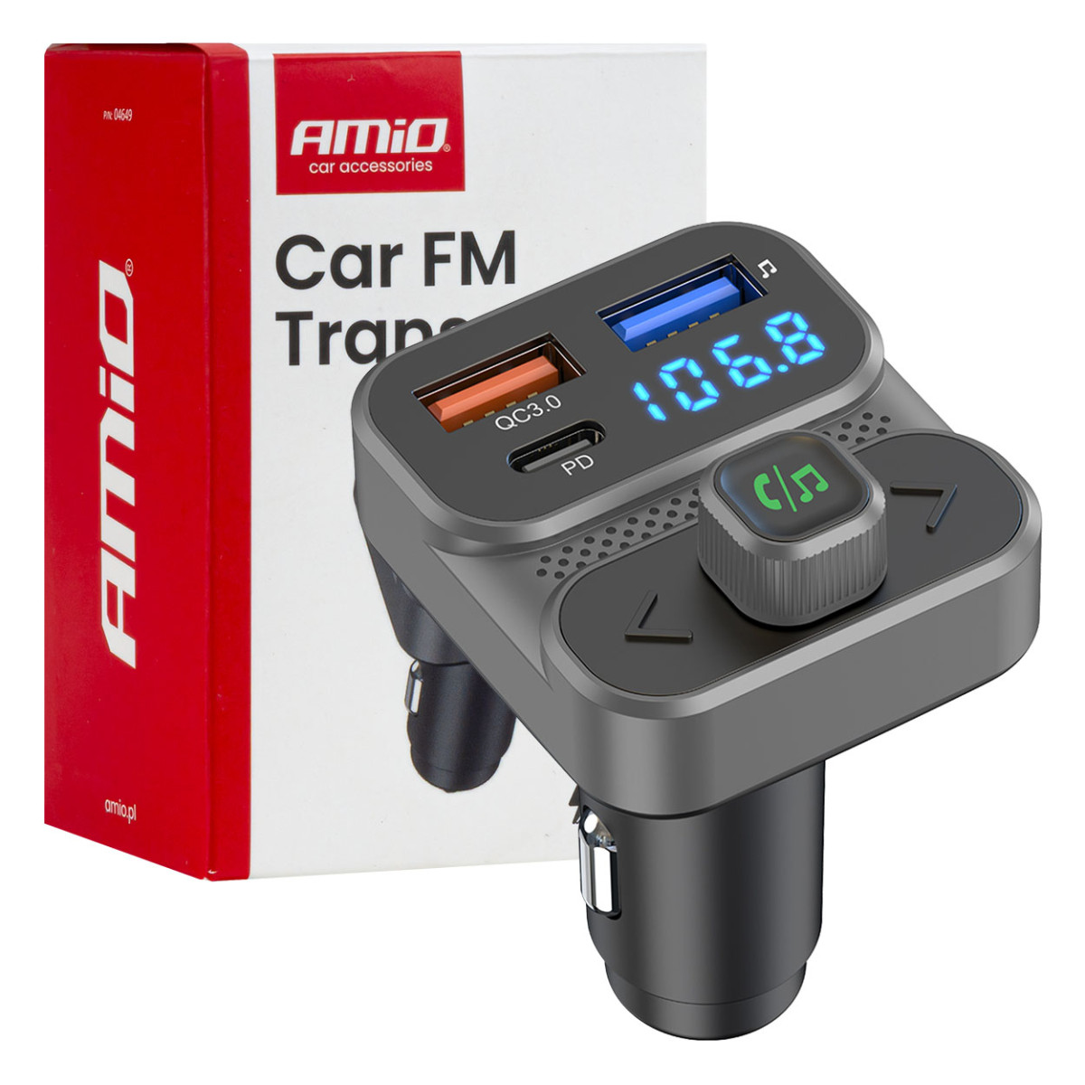 Auton FM-lähetin, 2×USB-A 1×USB-C 12V 24V AMIO-04649