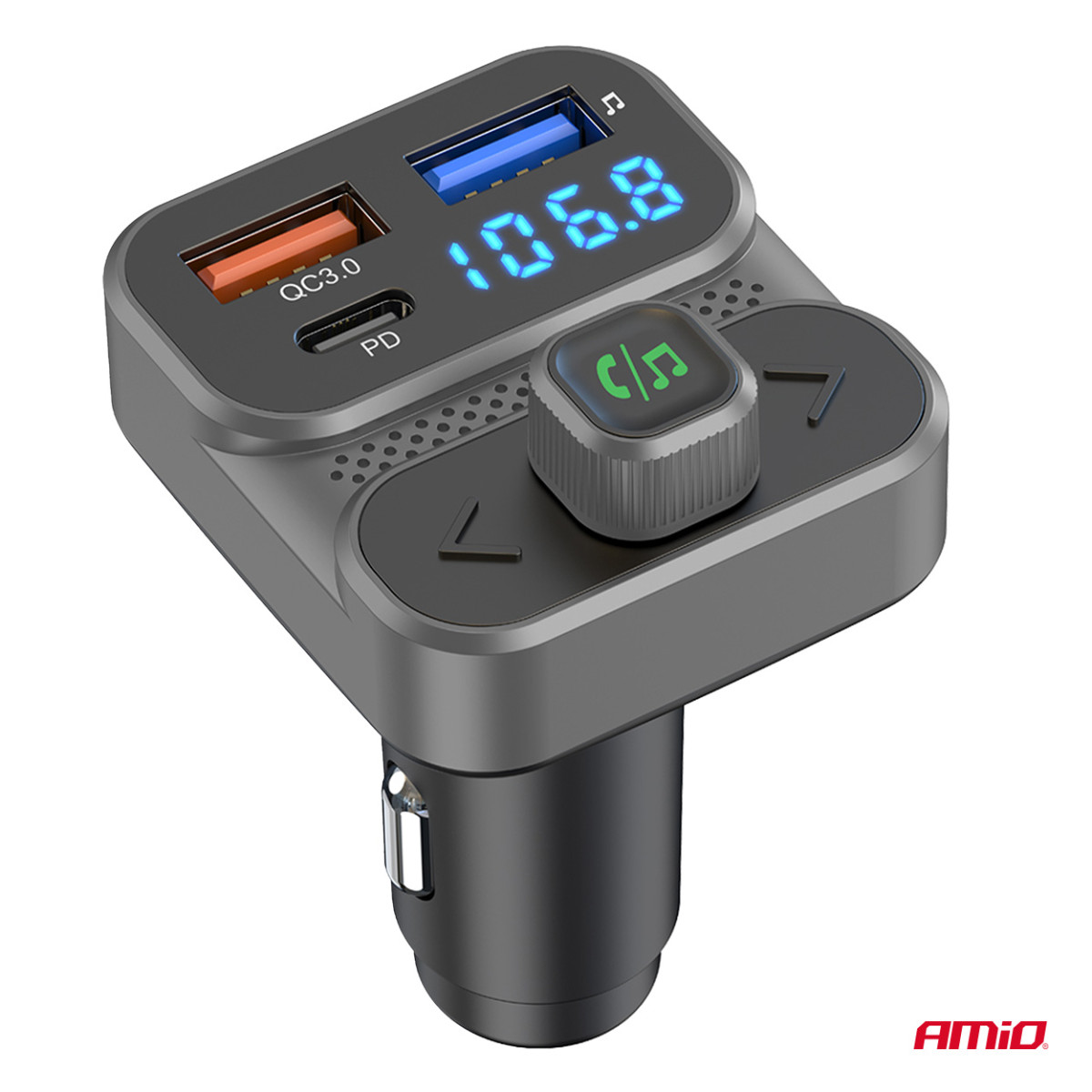 Auton FM-lähetin, 2×USB-A 1×USB-C 12V 24V AMIO-04649