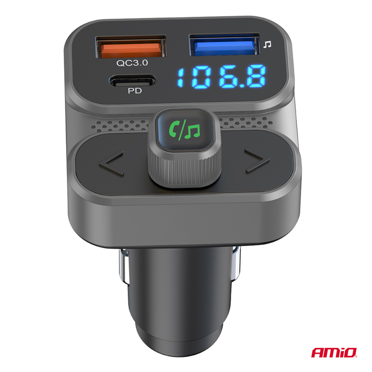 Auton FM-lähetin, 2×USB-A 1×USB-C 12V 24V AMIO-04649