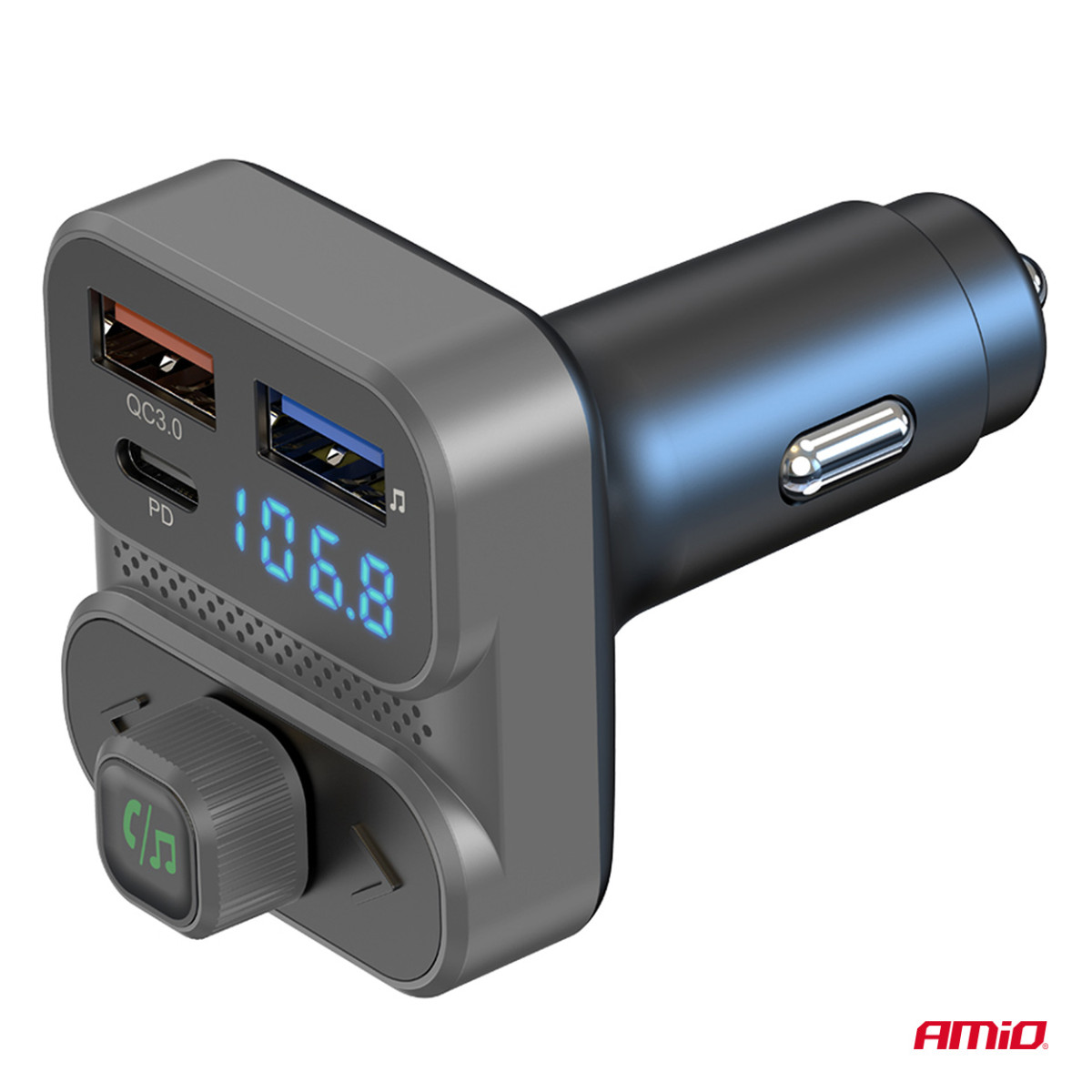 Auton FM-lähetin, 2×USB-A 1×USB-C 12V 24V AMIO-04649