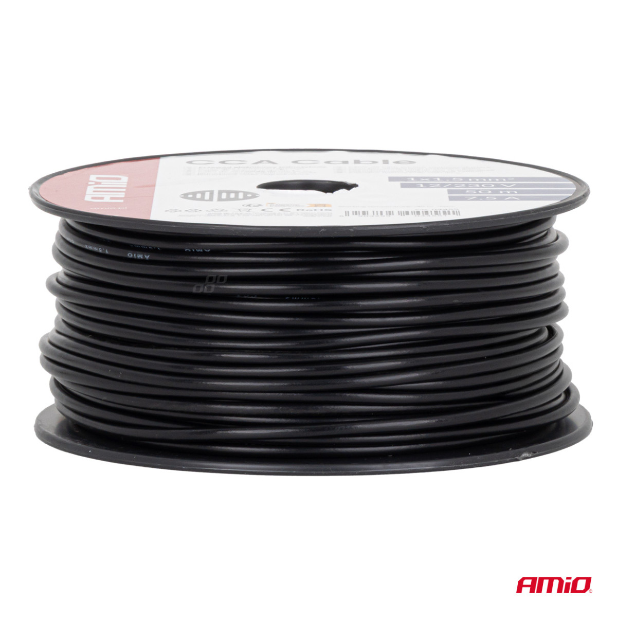 Yksijohtiminen CCA-kaapeli, musta, 1x1,5mm² 50m 7,5A 12/230V AMIO-04455