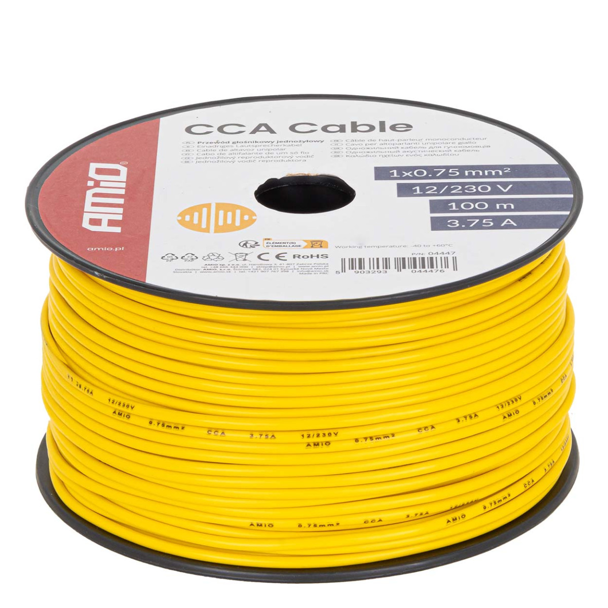 Yksijohtiminen CCA-kaapeli, keltainen, 1x0,75mm² 100m 3,75A 12/230V AMIO-04447
