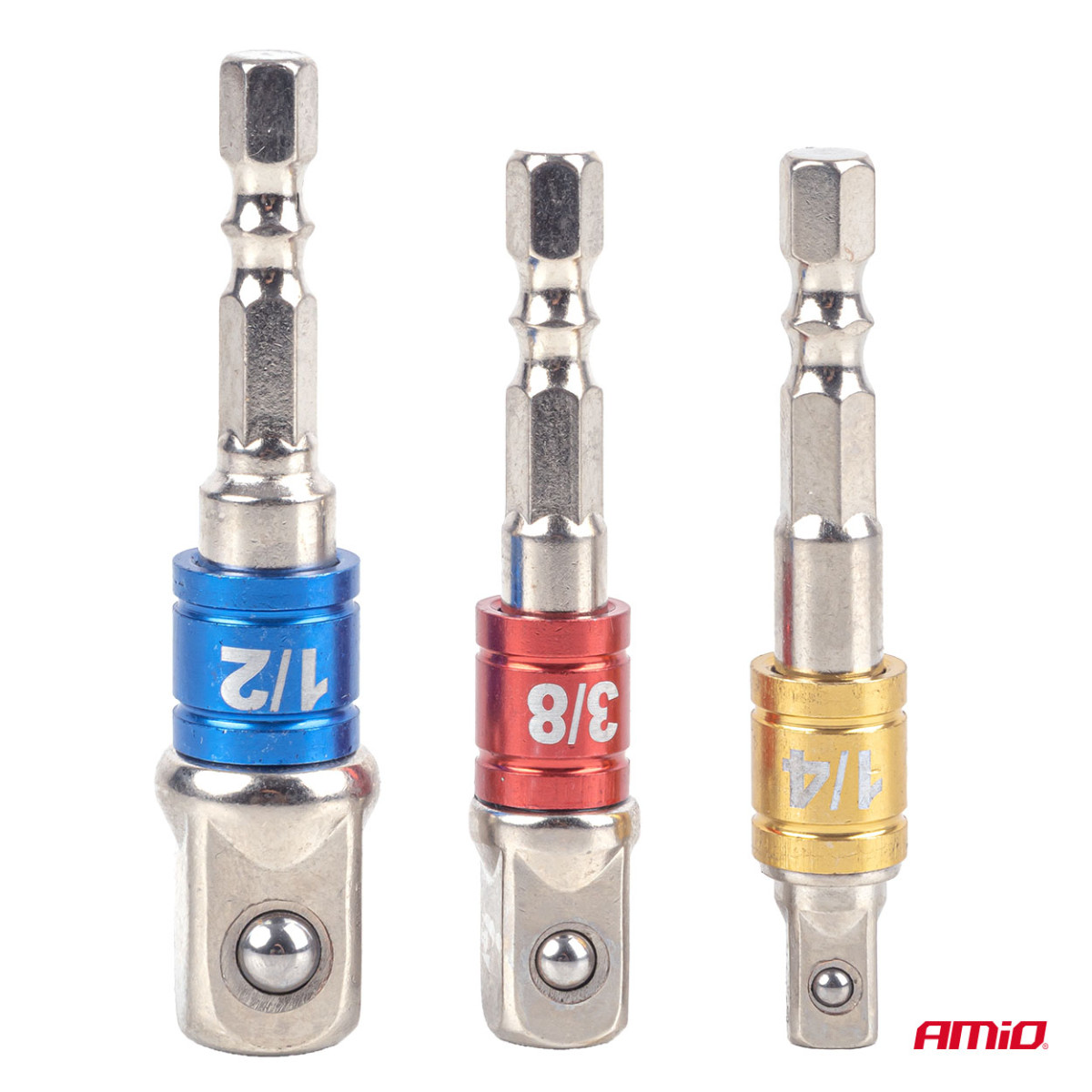Ruuvimeisselin hylsysovitinsarja, 1/4" / 3/8" / 1/2", 3 kpl, AMIO-04936
