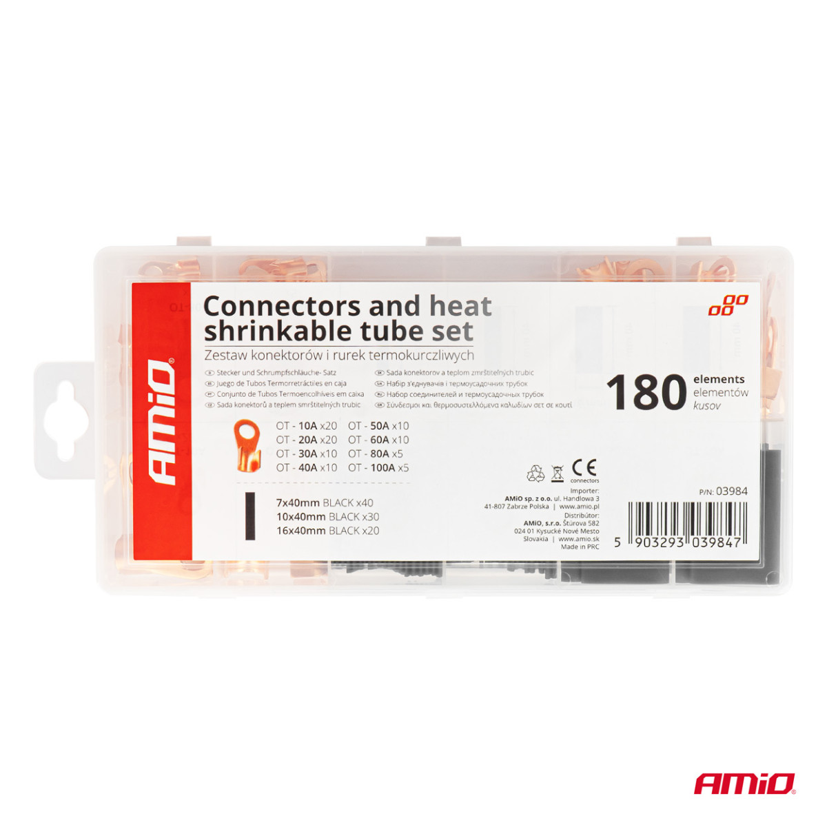 Kuparirengasliittimien ja kutistesukkajen sarja, 180 kpl, AMIO-03984