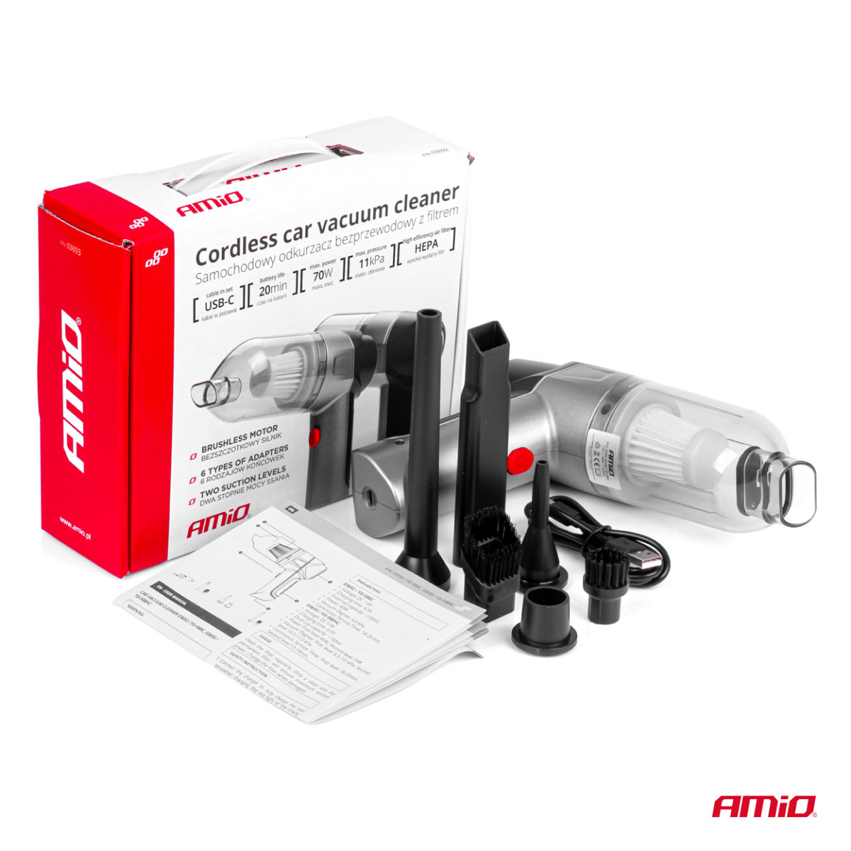 Langaton autoimuri 70 W, 4000 mAh, HEPA-suodattimella, 11 kPa AMiO-03693