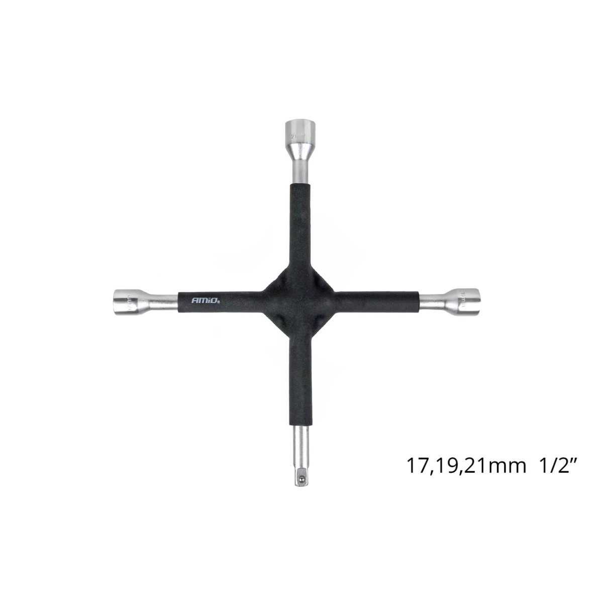 Ristimäinen pyöränmutterinavain 17–19–21 mm, 1/2", kumipäällysteinen, AMIO-02402