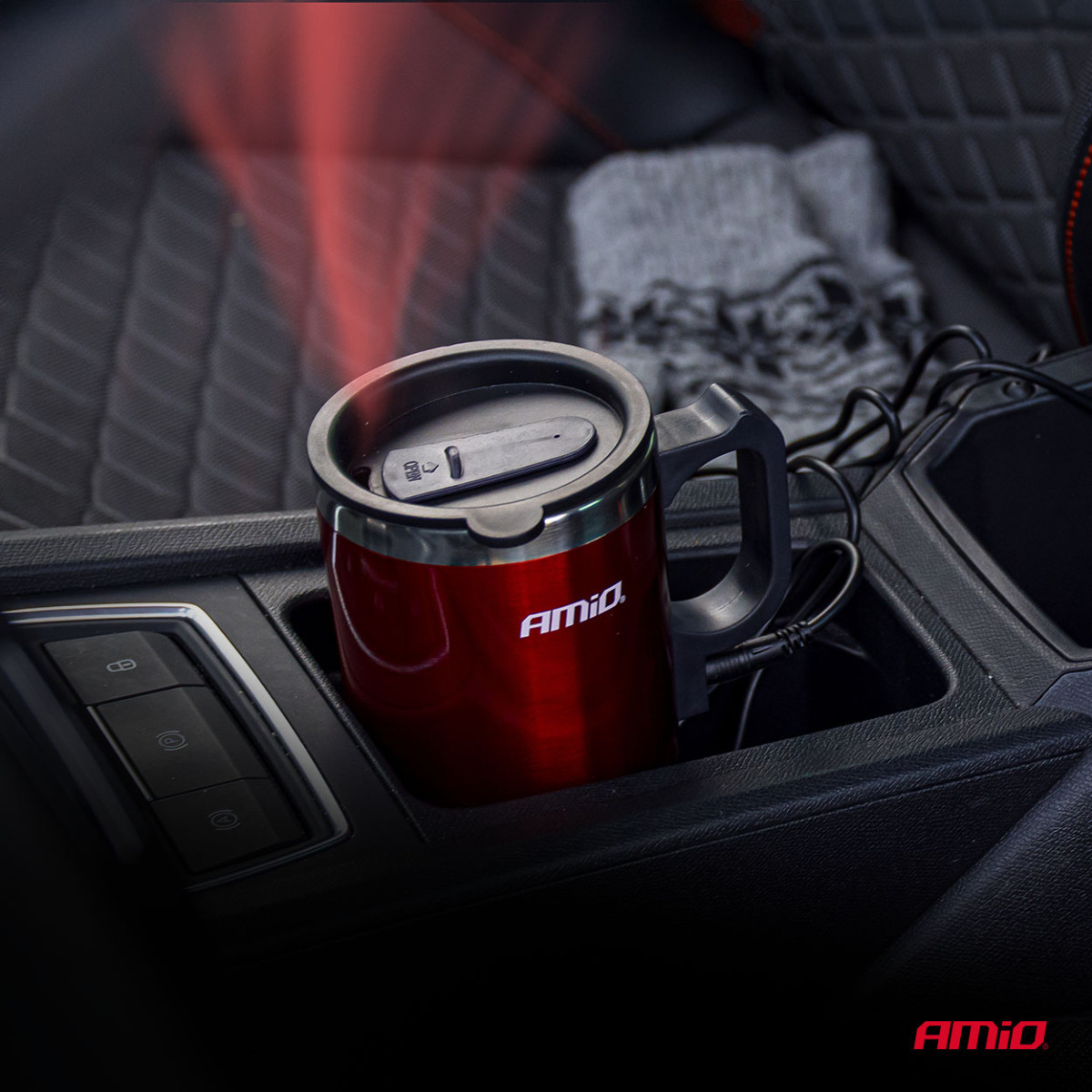 Auton vedenkeitinkuppi, 450 ml 12V, punainen, AMIO-02177