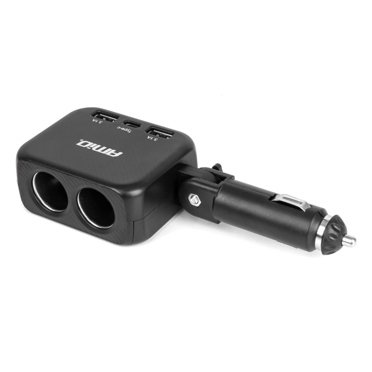 Kaksipistokkeinen tupakansytytinjatkojohto laturilla 2×USB-A + USB-C 12/24V 100W 180° AMIO-04357