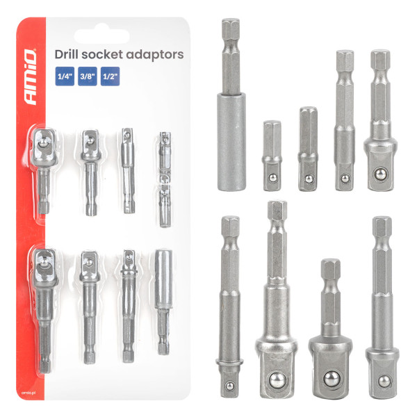 Ruuvimeisselin hylsysovitinsarja, 1/4" HEX, 1/4" / 3/8" / 1/2", 9 kpl, AMIO-04931 Ruuvimeisselin hylsysovitinsarja, 1/4" HEX, 1/4" / 3/8" / 1/2", 9 kpl, AMIO-04931