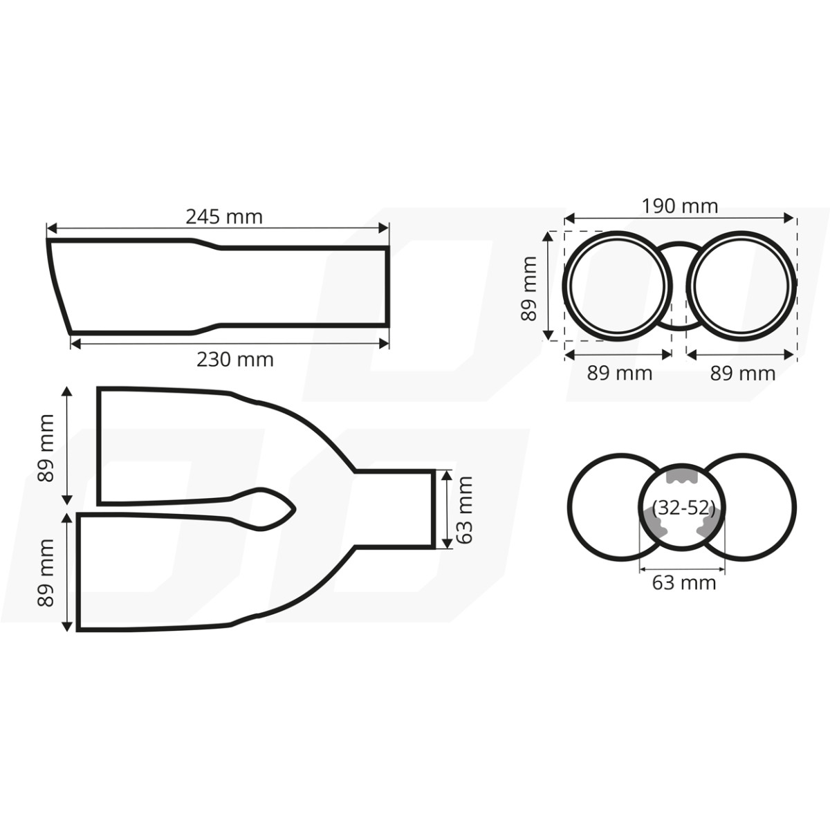 Äänenvaimentimen pää, ruostumatonta terästä, kromattu, kaksinkertainen, oikea, AMiO‑04068
