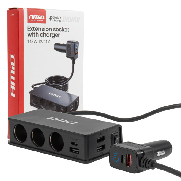 Pistorasian jakaja 12/24V, jossa 3x USB-A, USB-C, QC3.0, PD3.0 148W AMIO-04836