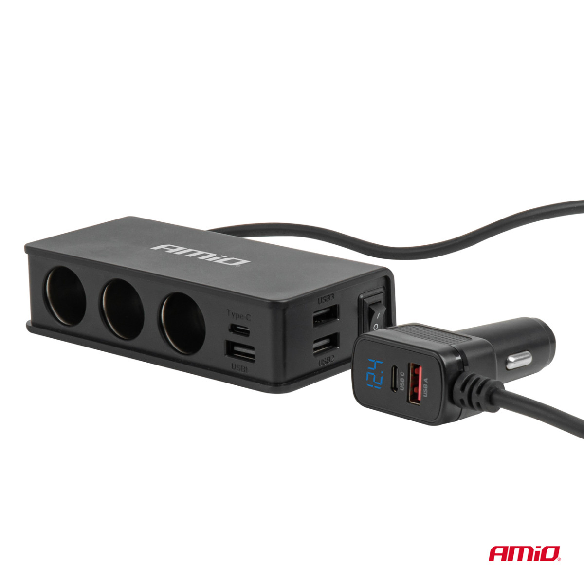 Pistorasian jakaja 12/24V, jossa 3x USB-A, USB-C, QC3.0, PD3.0 148W AMIO-04836