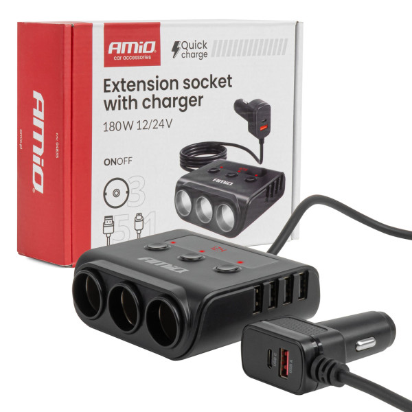 Pistorasian jakaja 12/24V, jossa 4x USB-A QC3.0 PD3.0 180W AMIO-04835