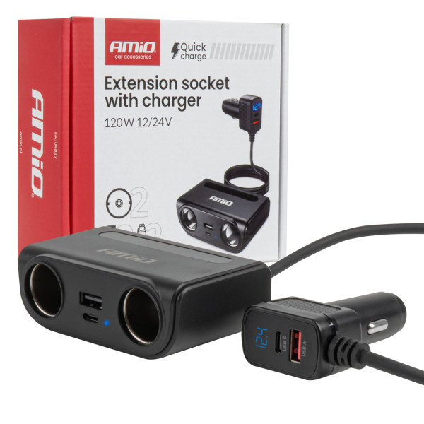 Pistorasian jakaja 12/24V USB-C:llä ja USB-A:lla QC3.0 PD3.0 120W AMIO-04837