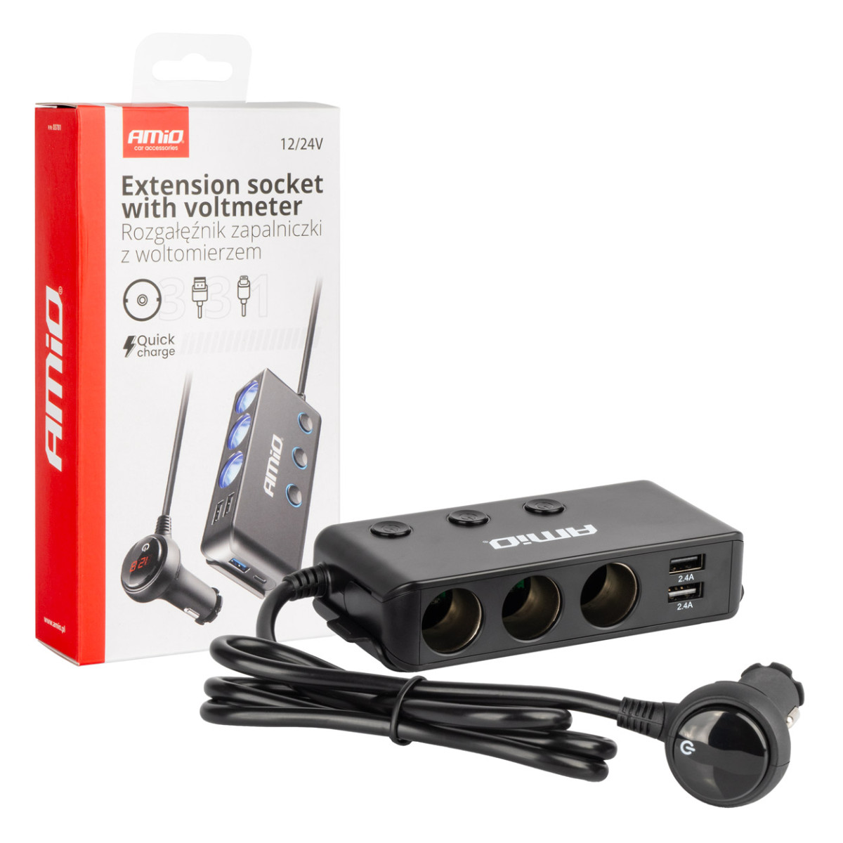 Jatkoliitin volttimittarilla, USB ja USB-C 12-24 V, AMIO-03781